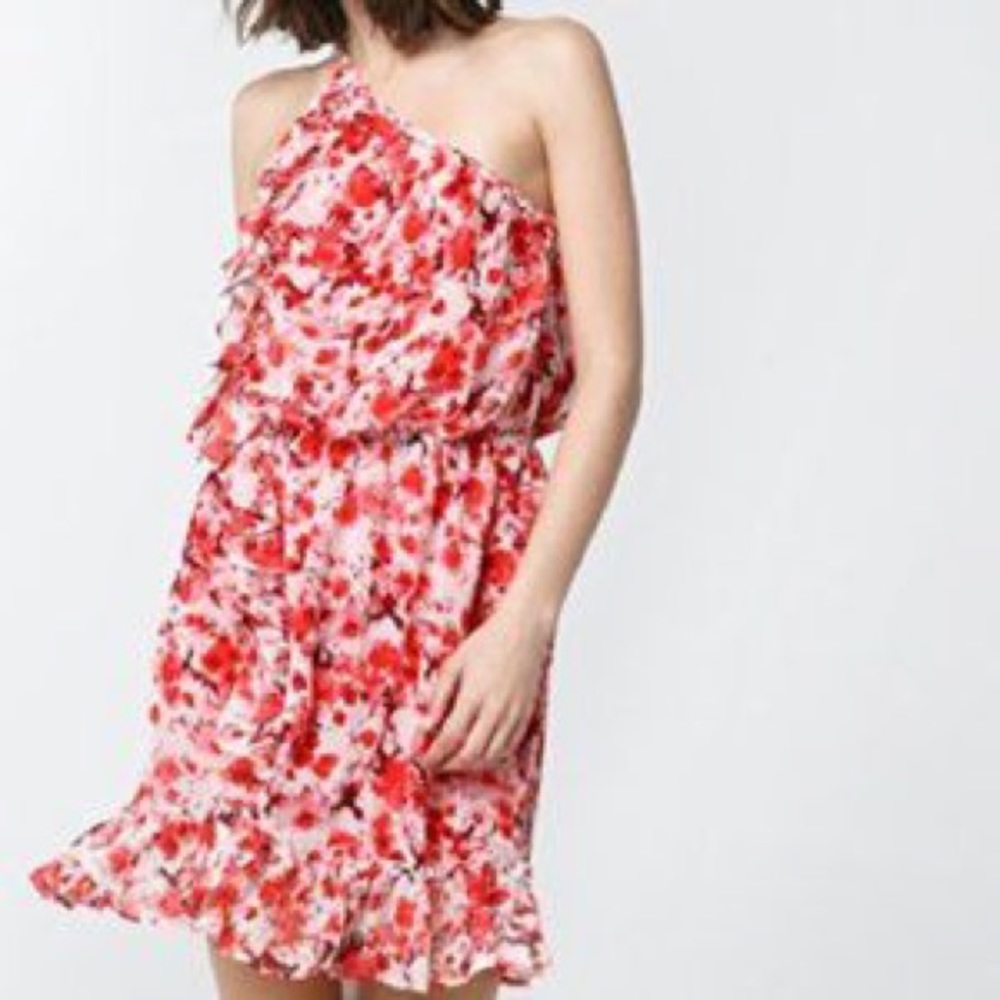 Mango floral chiffon one shoulder red dress